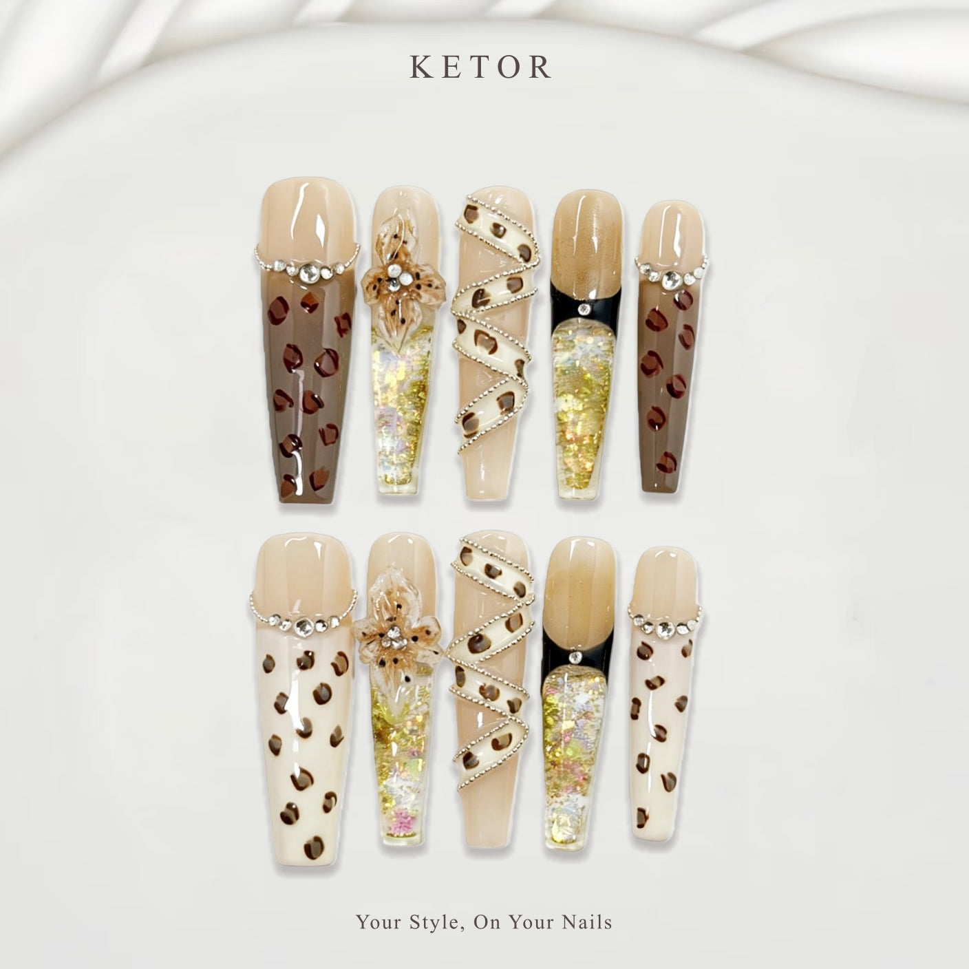 Nude Leopard Luxe: Nude & Brown Press-On Nails with Leopard & Floral Accents（421）