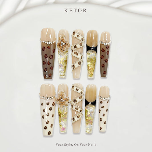 Nude Leopard Luxe: Nude & Brown Press-On Nails with Leopard & Floral Accents（421）