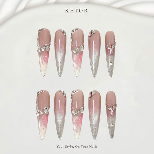 Blush Chain Ethereal: Blush & Silver Press-On Nails with Gem & Glitter Accents（422）