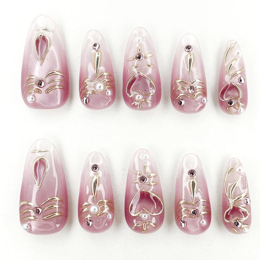 Medium Long Oval Almond Nails with Pink Cat Eye French Tips and Heart Design, Handmade - Perfect for Sweet and Romantic Styles(63)