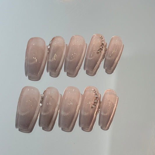 Elegant Gray Purple Ombre Press On Nails – Long Tapered Square with Glitter Shine & Rhinestone Accents（94）