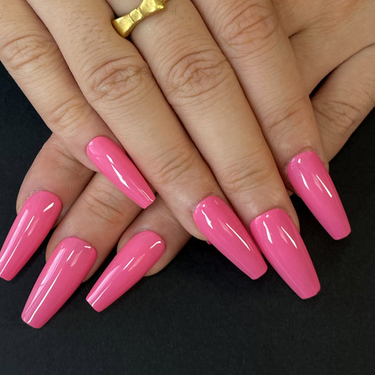 ✨Fluorescent Pink Glossy Almond Press-On Nails – Long, Mirror Shine, Easy to Apply & Perfect for Bold, Effortless Style（K1）