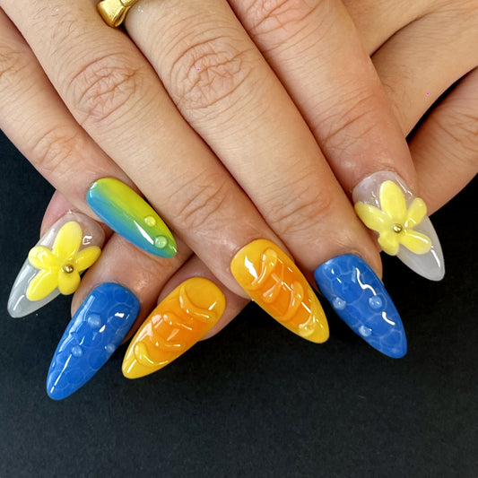 Colorful Summer Press-On Nails – Almond Shape with 3D Yellow Flowers, Dots & Texture | Bright, Playful Vibes（K10)