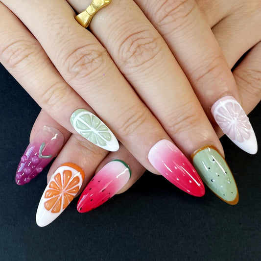 Mixed Fruit Press-On Nails – 3D Embossed Almond Shape with Grapes, Oranges, Watermelon & More | Sweet & Fresh Summer Vibe（K12)