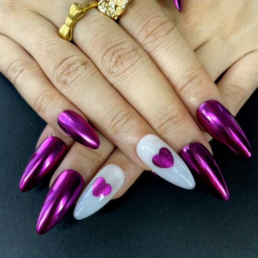 Metallic Rose Pink Almond Press-On Nails with White Accent & Heart Detail | Bold, Sweet & Edgy Nail Style(K14)