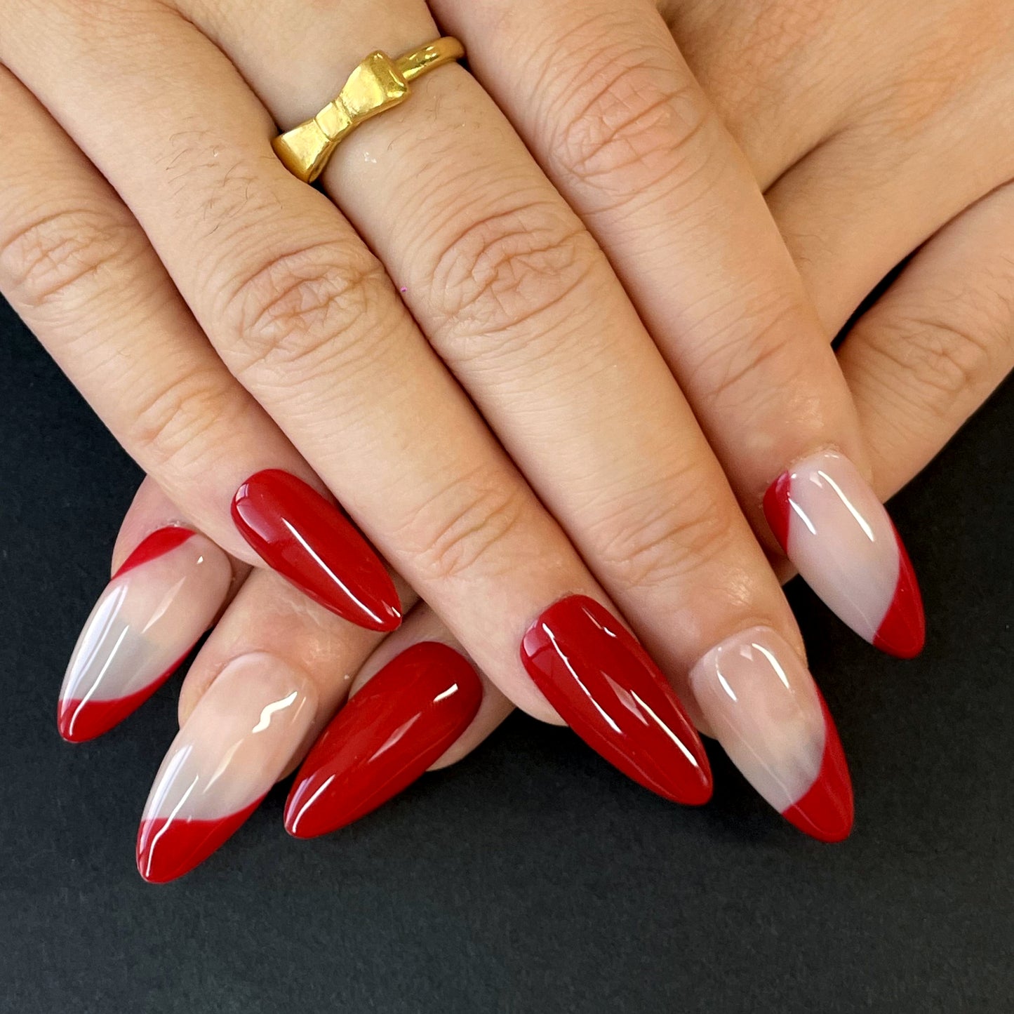 Red & White Stiletto Press-On Nails – Bold Color with Geometric Split Design | Elegant, Striking & Fashion-Forward Look(K15)