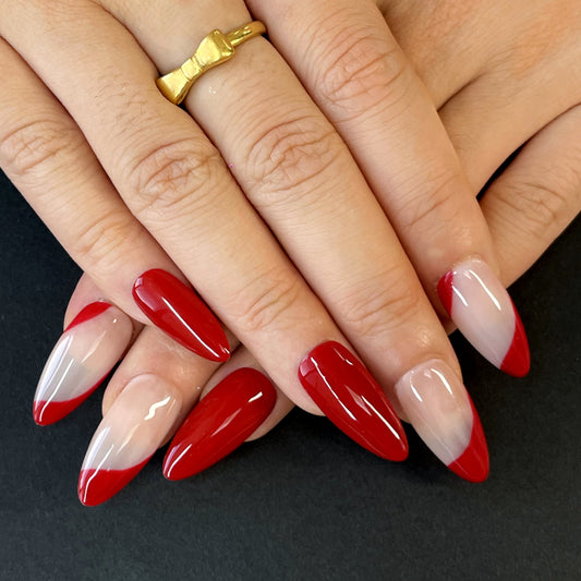 Red & White Stiletto Press-On Nails – Bold Color with Geometric Split Design | Elegant, Striking & Fashion-Forward Look(K15)
