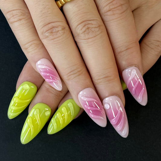 Dual-Tone Press-On Nails Set – Pink Gradient & Neon Green with 3D Lines and Dots, Trendy & Eye-Catching Design for Stylish Looks（K17）