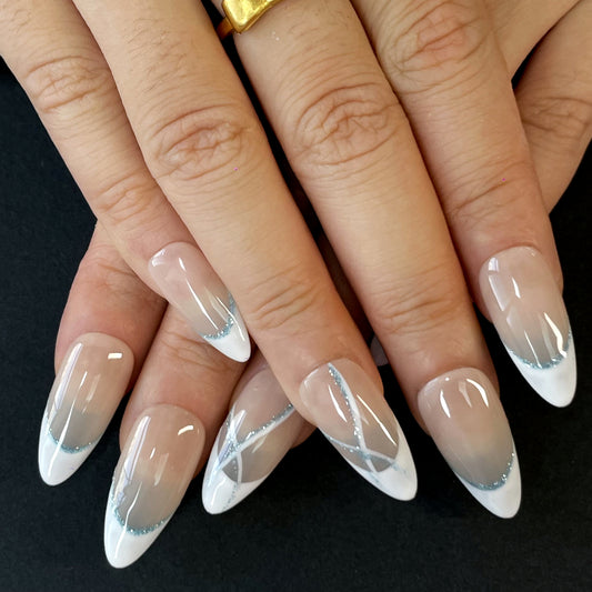 French Style Press-On Nails – Nude Beige Base with White Tips & Silver Glitter Lines, Elegant and Trendy Design for Any Occasion(K18)