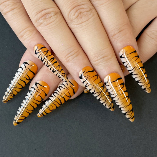 Tiger Print Press-On Nails – Wild & Trendy Design in Yellow-Brown and Black, Imitating Bold Animal Pattern for Fierce Fashion Looks(K19)