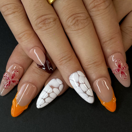 Multi-Style Press-On Nails – Nude Base with Burgundy Blends, Orange Gradient, Pebble Texture & 3D Pink Floral Design, Elegant & Artistic（K20)）