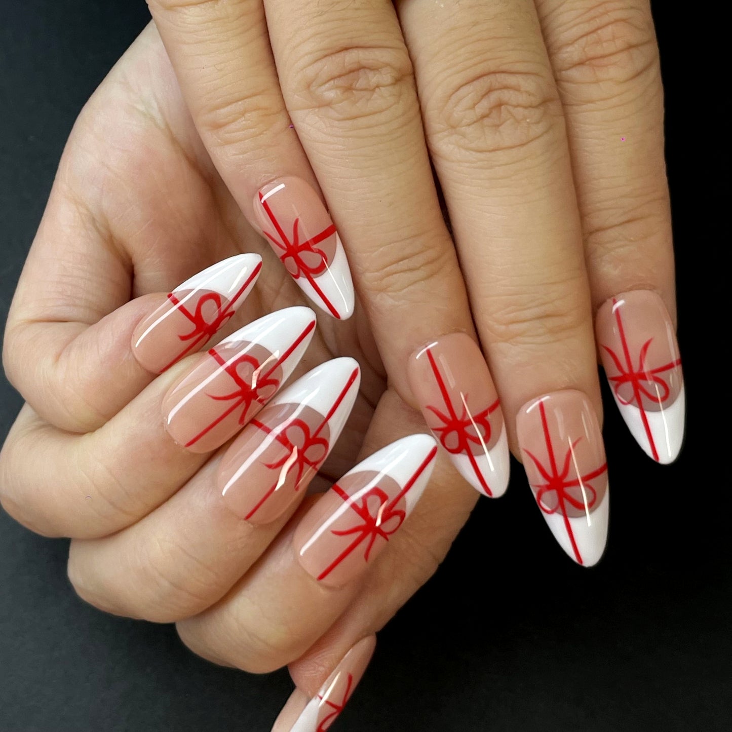 French Style Press-On Nails – Nude Base with White Tips, Red Bow and Line Art Accents, Sweet and Elegant Design for a Feminine Look(K22)