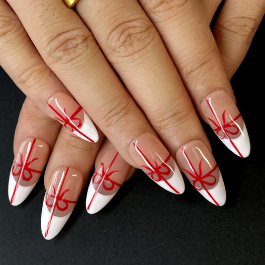 French Style Press-On Nails – Nude Base with White Tips, Red Bow and Line Art Accents, Sweet and Elegant Design for a Feminine Look(K22)