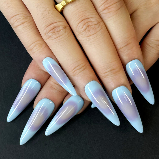 Gradient Press-On Nails – Soft Blue to Lavender Ombre with Beige Tones, Dreamy and Fresh Style for a Delicate Everyday Look(K23)