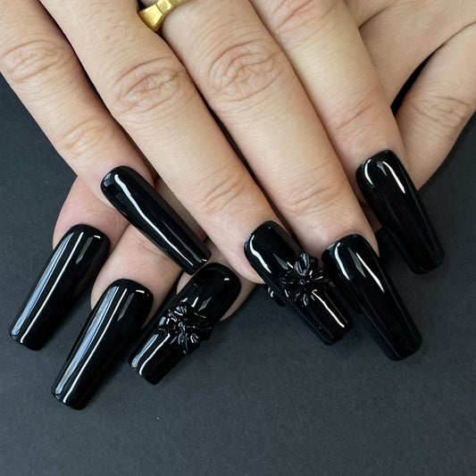 Glossy Black Coffin Press-On Nails – 3D Cross Design, Bold Mirror Shine | Dark Aesthetic & Edgy Glam in Minutes(K3)