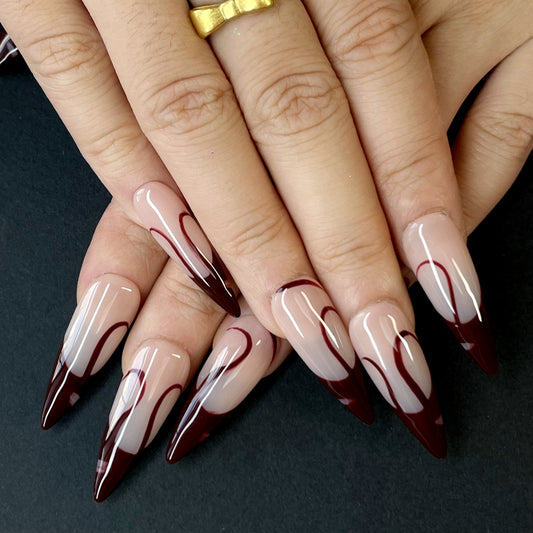 Almond Press-On Nails – Nude Pink & Deep Red with Irregular Line Design, Stylish and Bold Look for Parties and Casual Chic Occasions（K32）