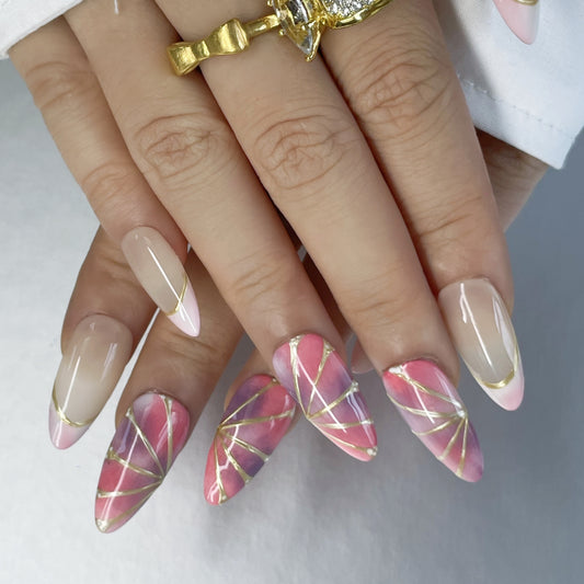 Dreamy Gradient Press-On Nails – Nude Pink & Blue with Golden Details（K33）