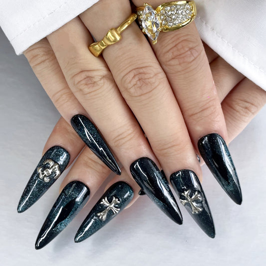 Dark Glam Press-On Nails | Blue-Black Gradient with Gothic Charms（K35）