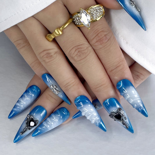 Mystic Cat-Eye Nails | Blue-White Gradient with Gothic Charms(K36)