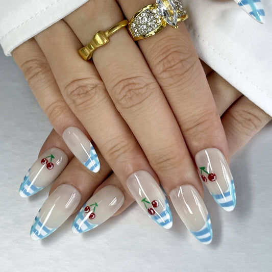 Sweet Girl Vibes | Nude & Plaid Nails with 3D Cherry Charms（K37）