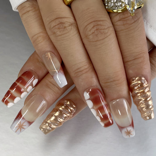 Long Square Nude-Orange with Gold Stars(K38)