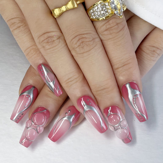 Romantic Pink Nails | Gradient Press-Ons with Heart & Silver Details(K39)