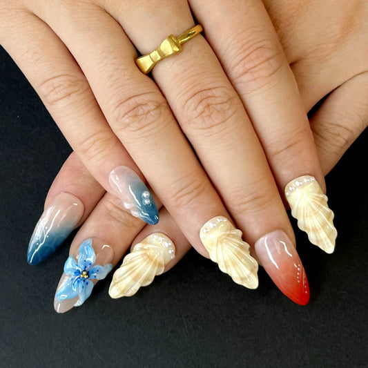 Summer Vacation Press-On Nails – Almond Shape with Seashell Accents, Pearls & Floral Designs in Red/Blue/Yellow-Gree（K4)