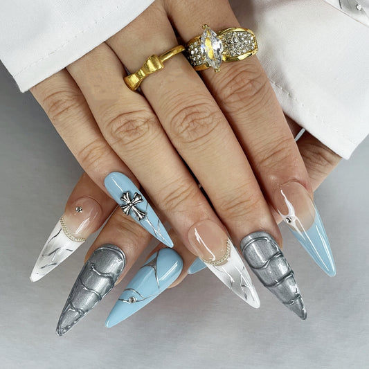 Edgy Stiletto Nails | Blue Nude Silver with Crackle & Cross Charm(K41)