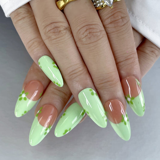 Fresh & Cute Press-Ons | Mint Base with Pink & Floral Touches(K43)