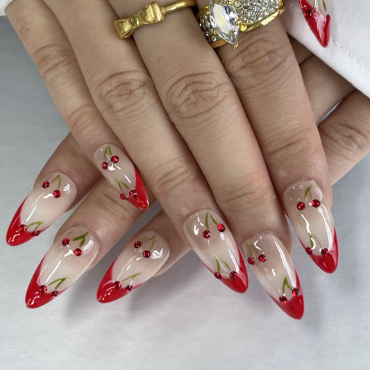 Playful Summer Nails | Long Ombre with Cherries & Green Leaves(K44)