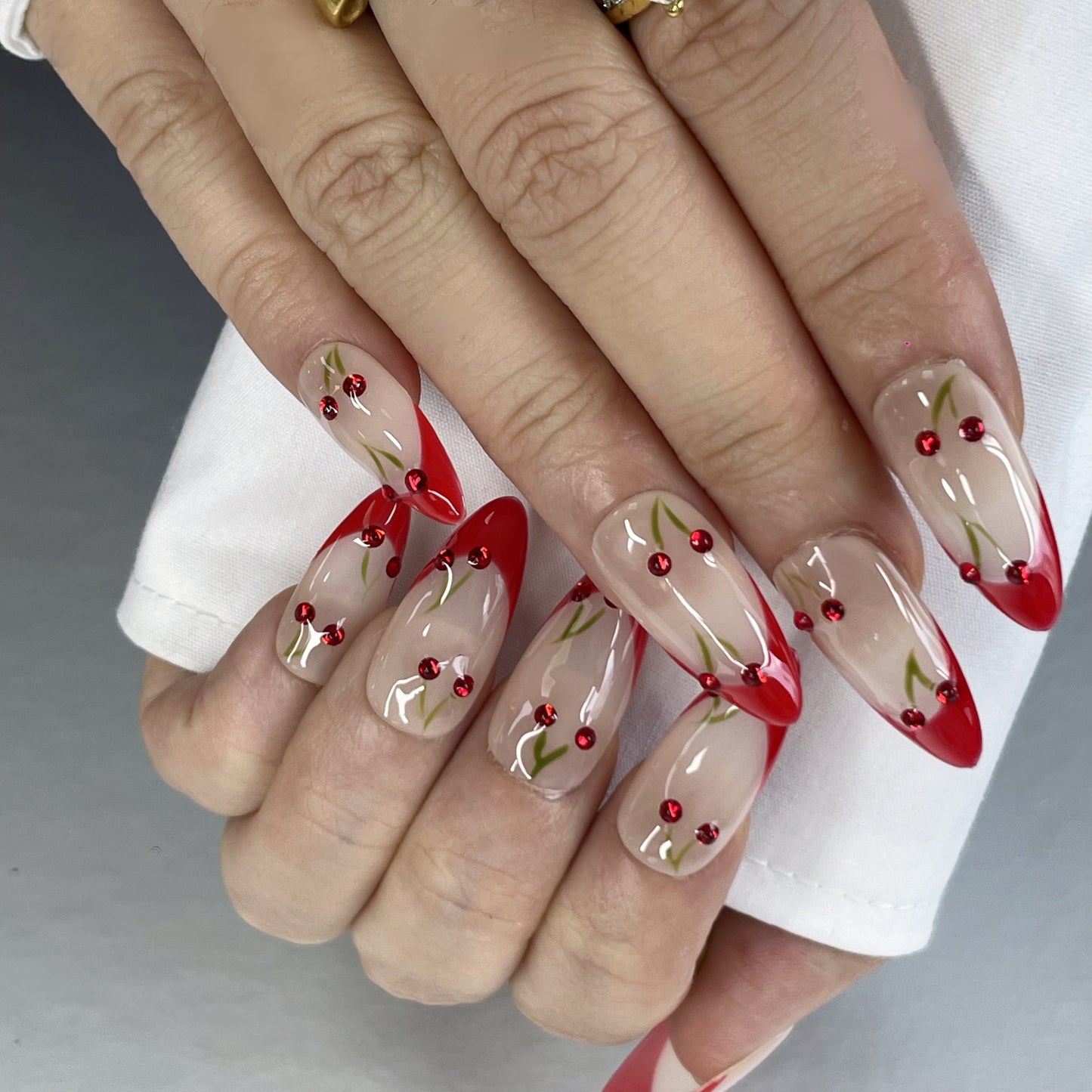 Playful Summer Nails | Long Ombre with Cherries & Green Leaves(K44)