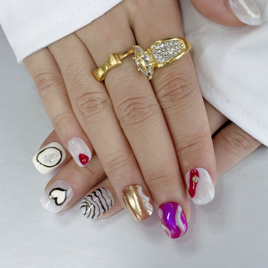 Trendy Multi-Color Press-On Nails – Hearts, Waves & More（K49）