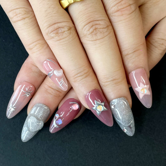 Sweet & Edgy Dreamy Press-On Nails – Long Coffin Shape in Pink, Silver & Purple with Stars, Hearts, Pearls & Glitter（K5)