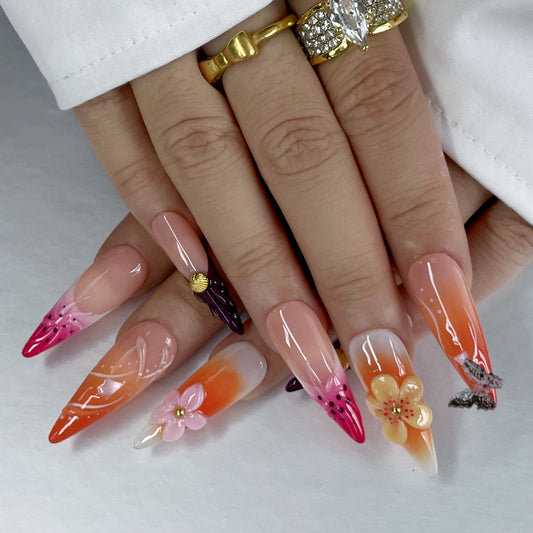 Sweet Long Stiletto Nails – Pink Gradient with Pearls & Charms（K50）