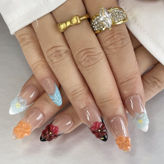 Sweet Meets Cool: Nude Pink & Blue Ombre Press-On Nails with 3D Flowers（K52）
