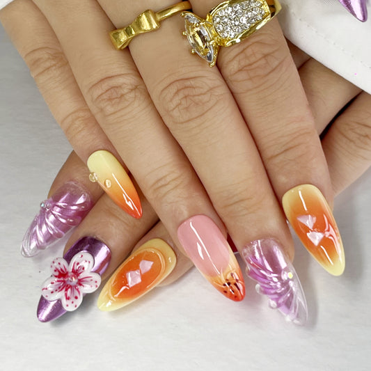 Romantic & Bright: Press-On Nails with Flowers & Glitter（K55）