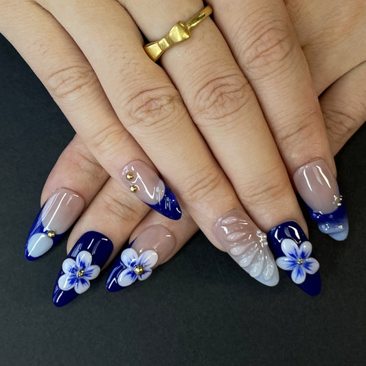 Butterfly & Floral Coffin Press-On Nails – Blue Nude Tones with 3D Details & Gold Beads for a Chic Artistic Look(K6)