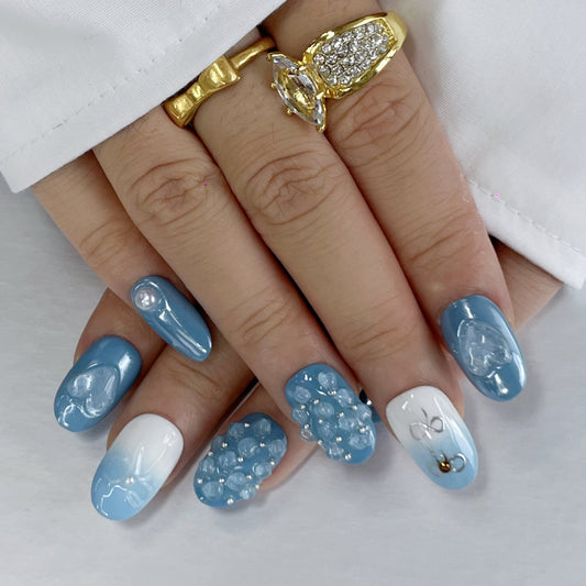 Fresh & Cute: Blue-White Press-On Nails with Bows & Bunny Charms（K60）