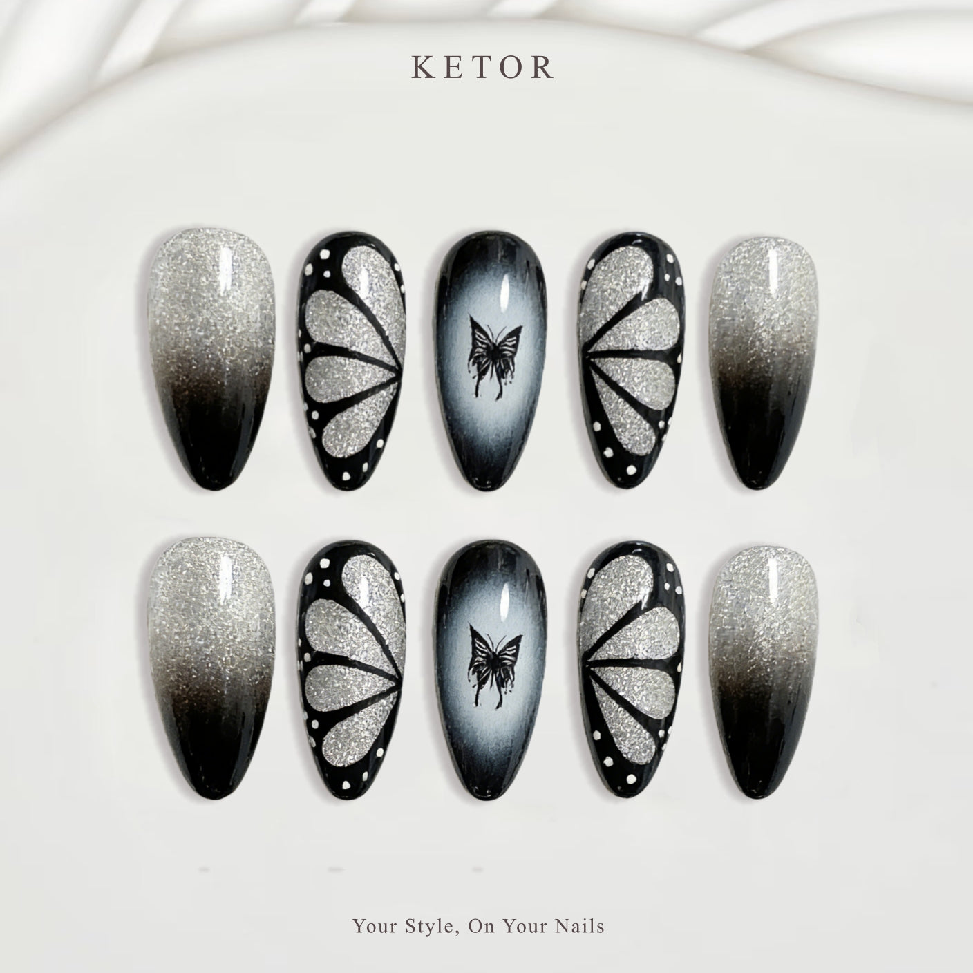 Silver Butterfly Wings: Black & Silver Ombre with Butterfly Wing Details（K63）