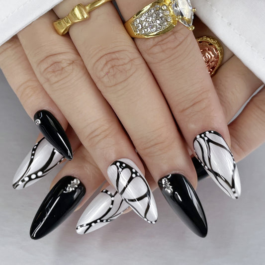 Elegant Long Nails – Minimalist Black & White with Sparkle（K64）