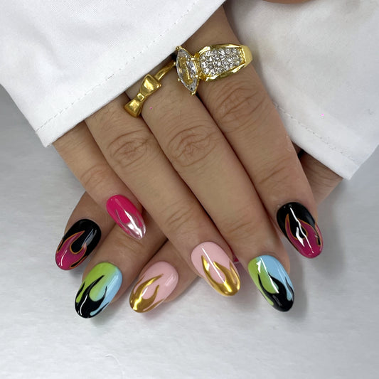 Colorful Short Oval Press-On Nails with Fiery Designs（K65）