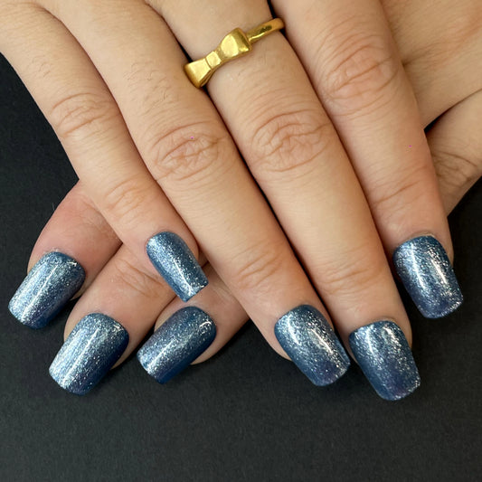 Blue Glitter Press-On Nails – Short Square Shape with Dazzling Sparkles | Bold & Shiny Look for Party-Ready Style(K7)