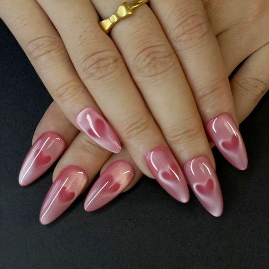 Pink Heart Press-On Nails – Long Almond Shape with Glossy Finish | Sweet & Romantic Look for Dates and Parties(K8)