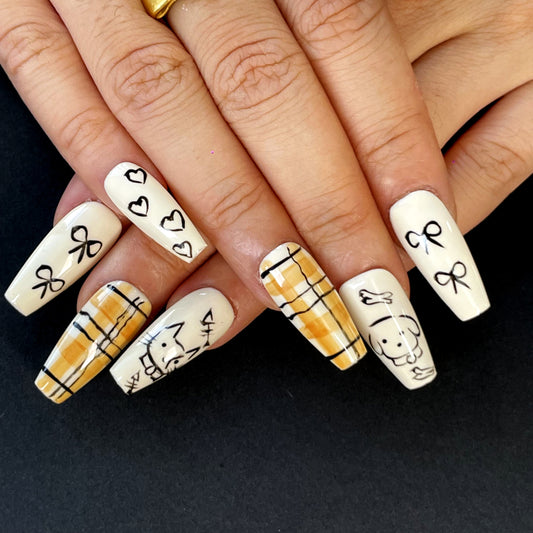 Animal Lover Press-On Nails – Long Coffin, Cream Base with Hand-Drawn Pets, Paws, Plaid & Cute Icons for a Fun Look(K9)