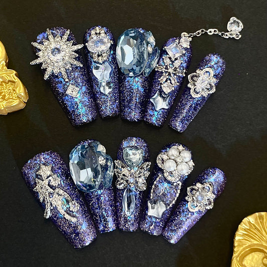 【LUXURY】Coffin Press-On Nails – Glitter Purple-Blue Base with Crystals, Snowflakes, Butterflies & Lock Charms, Handmade Luxury Nail Art(L08)